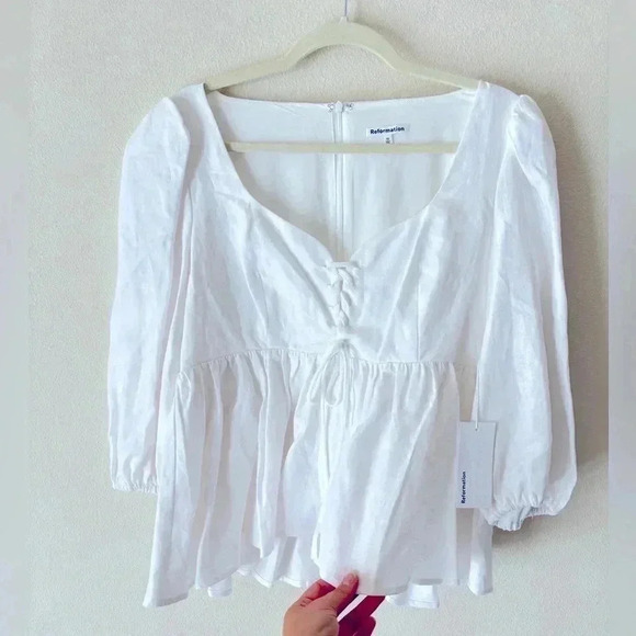 NWT Reformation Abigail White 100% Linen Puff Sleeve Prairie Blouse Top Size 10 - Picture 6 of 10